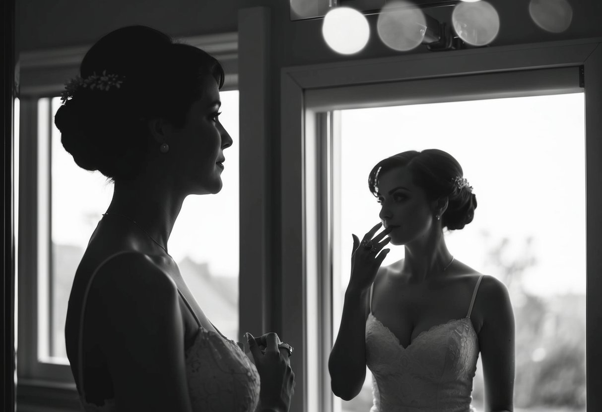 A woman's silhouette with a wedding ring on her finger, standing in front of a mirror, noticing her larger breasts