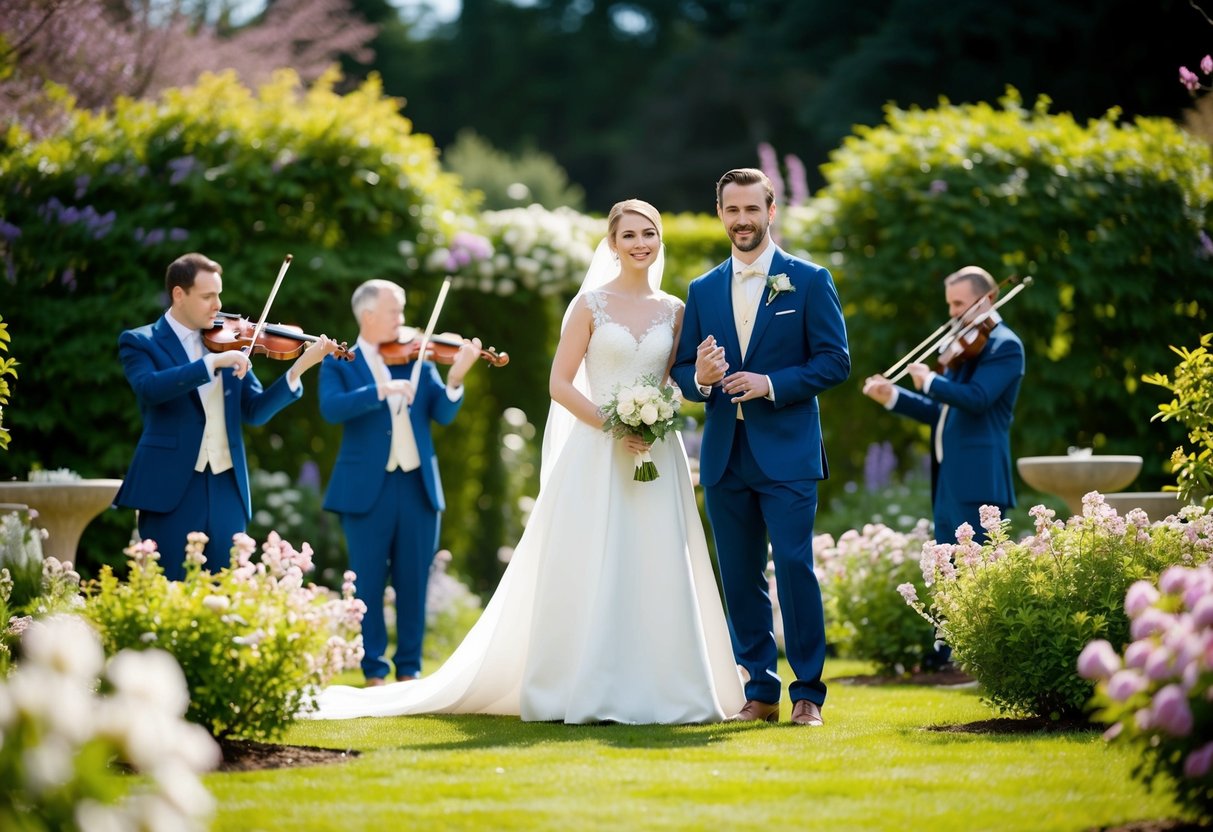 A bride and groom stand in a garden surrounded by blooming flowers, with a string quartet playing in the background