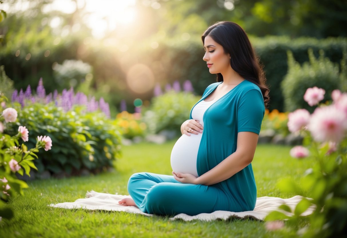 A pregnant woman sitting in a peaceful garden, surrounded by blooming flowers and a serene atmosphere, with a nurturing and protective energy emanating from her