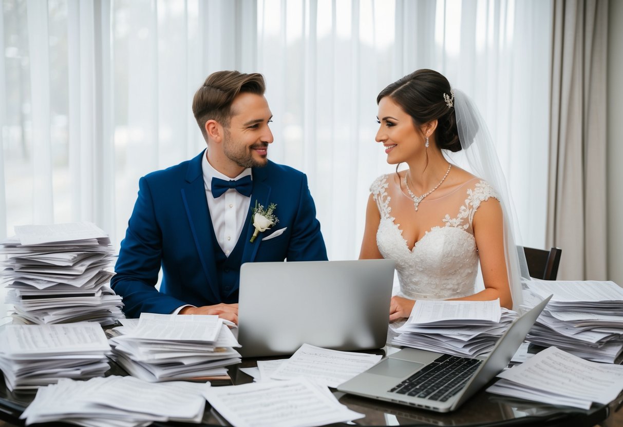A bride and groom sit at a table, surrounded by piles of sheet music and a laptop, discussing the different phases of their wedding and choosing songs for each