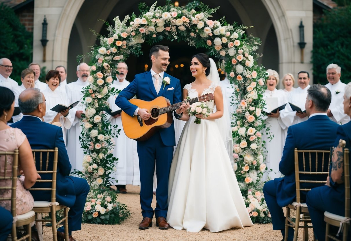 A bride and groom stand beneath a floral arch, surrounded by guests. A musician plays traditional wedding songs on a guitar, while a choir sings in the background