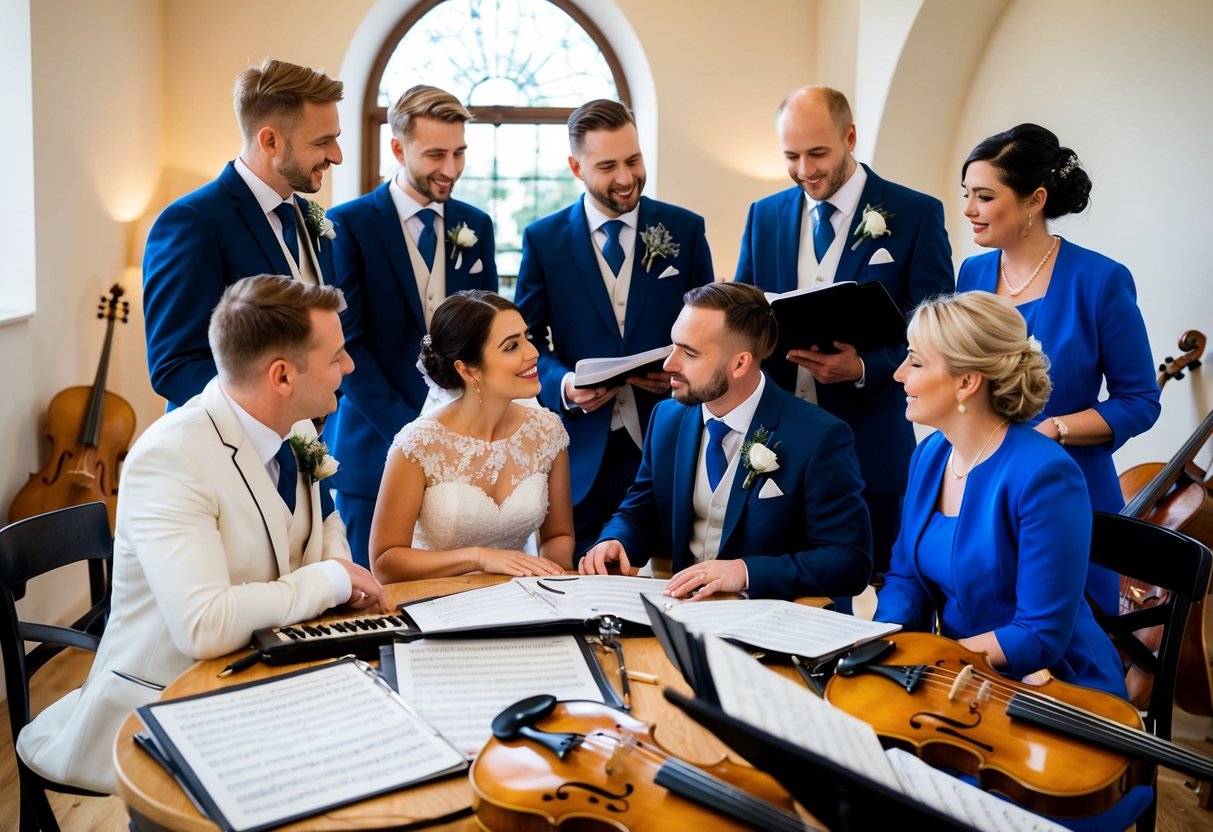 A group of wedding professionals discussing music selection for a UK wedding, surrounded by musical instruments and sheet music