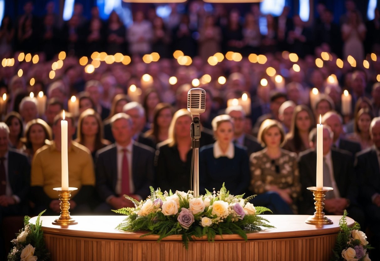 A microphone stands on a decorated podium in front of a crowd. Flowers and candles adorn the stage