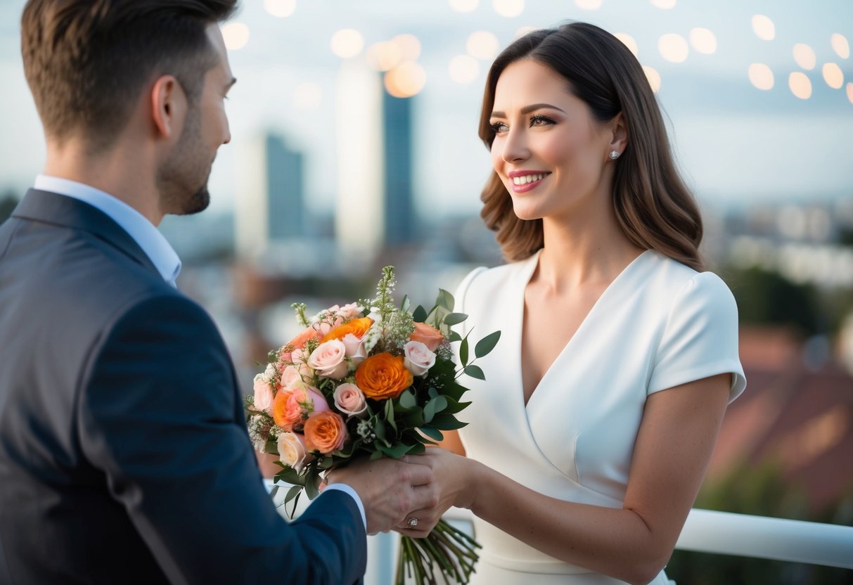 A woman receiving a bouquet of flowers from a man