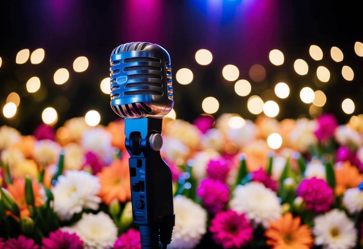A microphone on a decorated stage, surrounded by flowers and twinkling lights