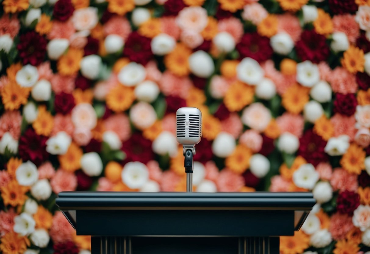 A microphone on a decorated podium in front of a floral backdrop