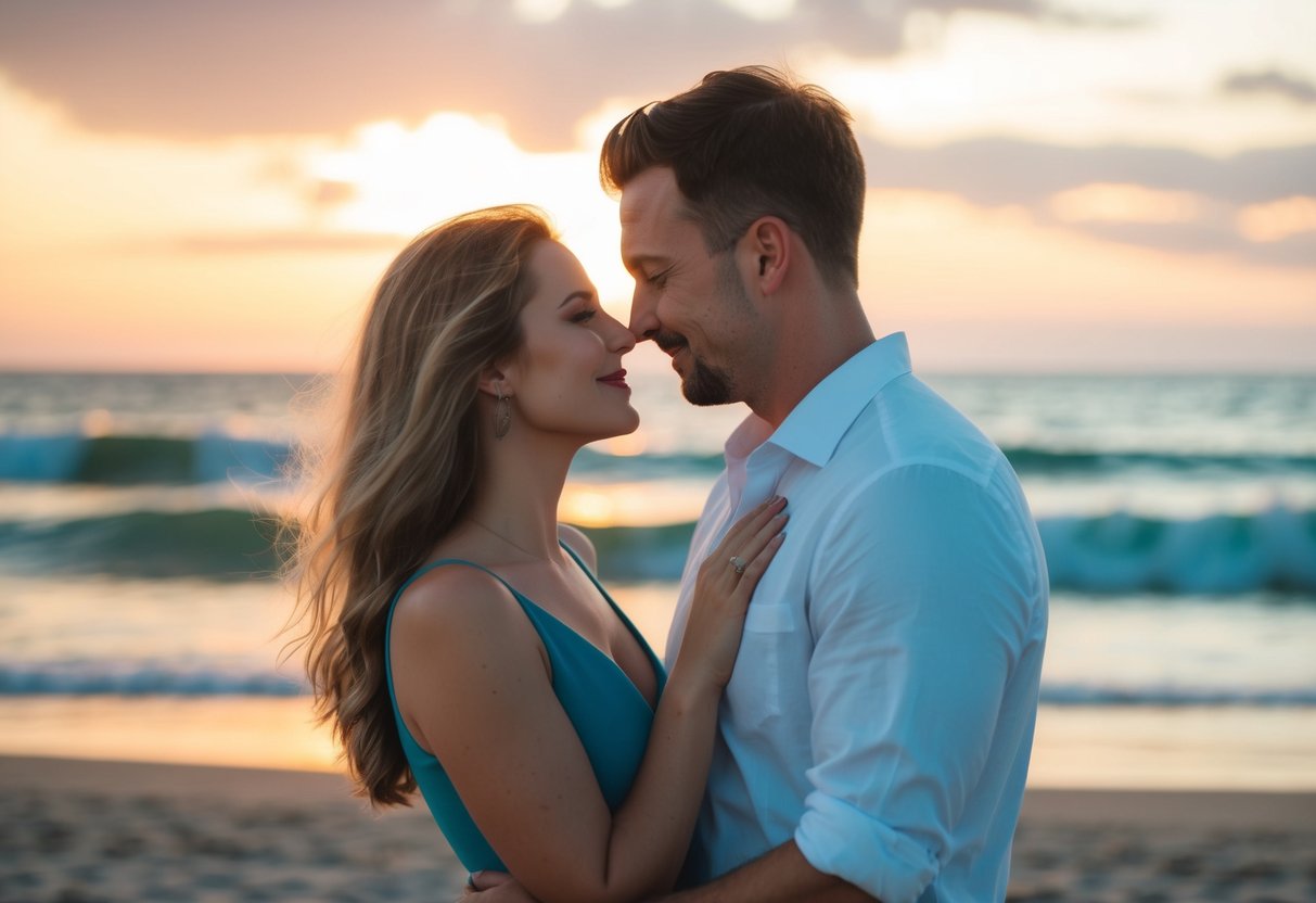 A couple on a beach, surrounded by sunset colors and gentle waves, gazing into each other's eyes with a sense of bliss and contentment
