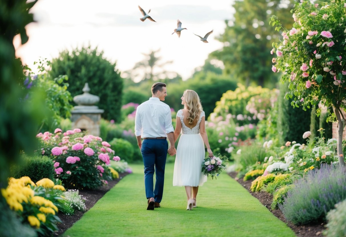 A couple walking through a lush garden, with flowers blooming and birds singing, symbolizing the honeymoon phase of marriage