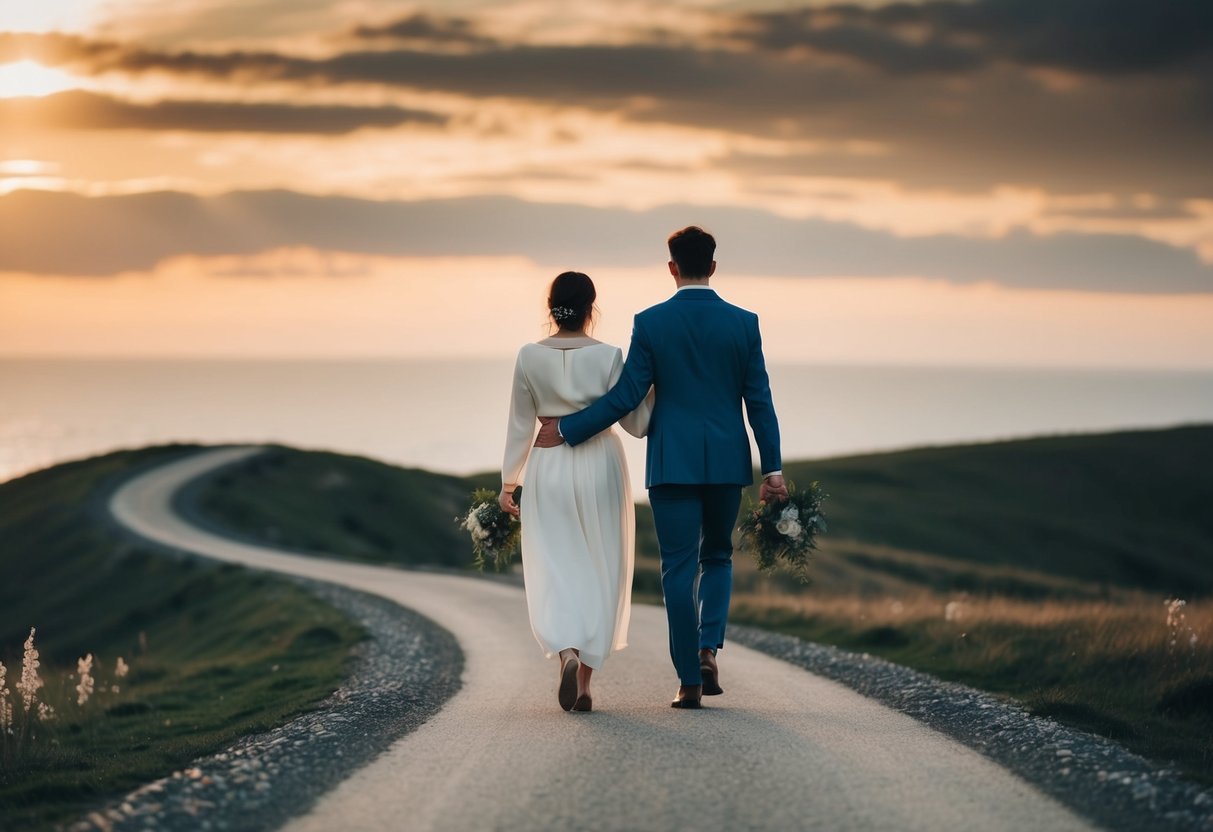 A couple navigating a winding path with ups and downs, symbolizing the challenges and growth after the honeymoon phase in marriage