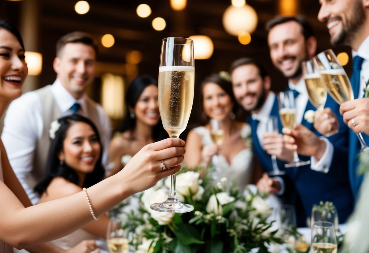 A glass of champagne raised in a celebratory gesture, surrounded by smiling faces and a beautiful wedding setting