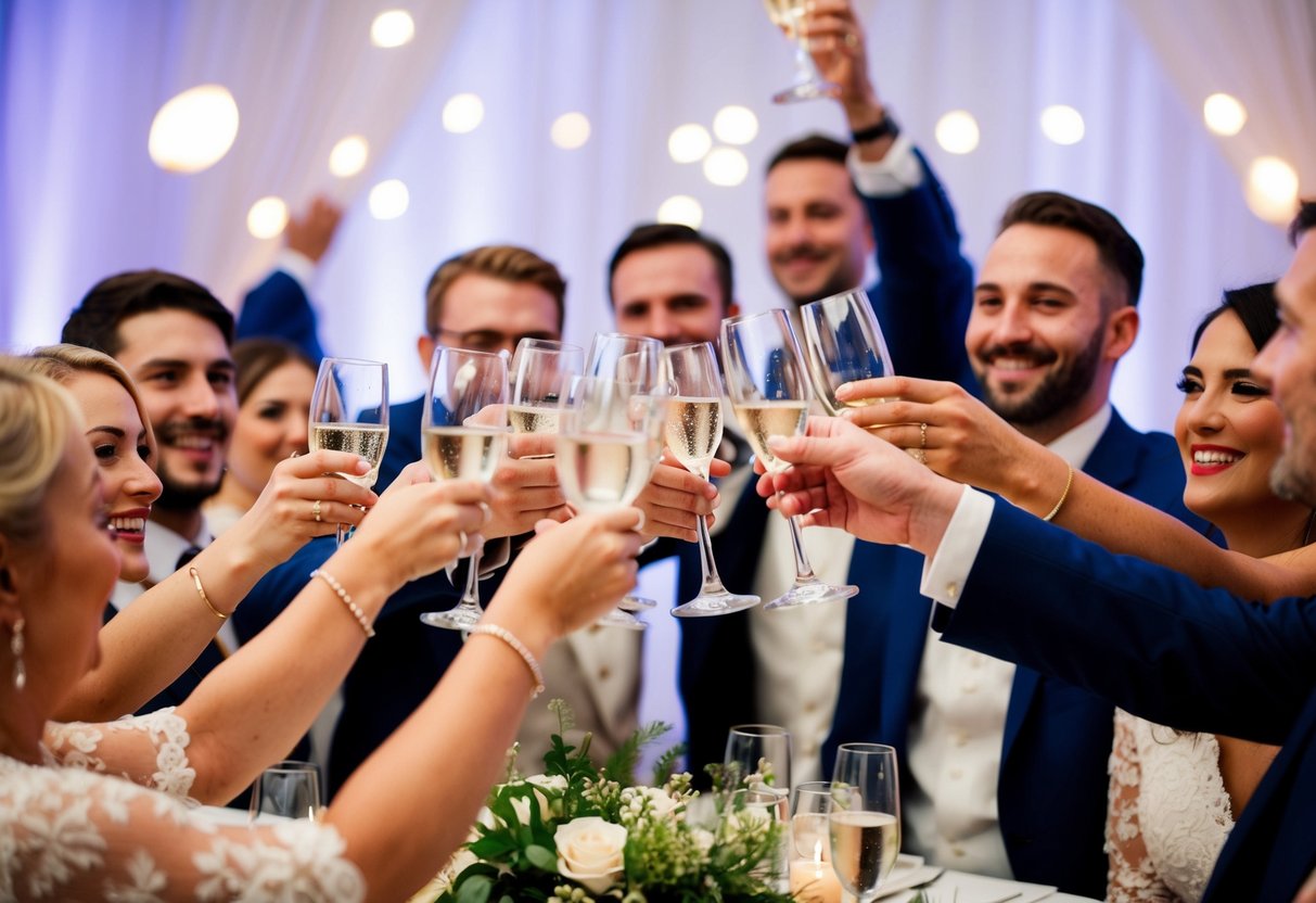 A group of people raise their glasses in a celebratory toast at a wedding reception