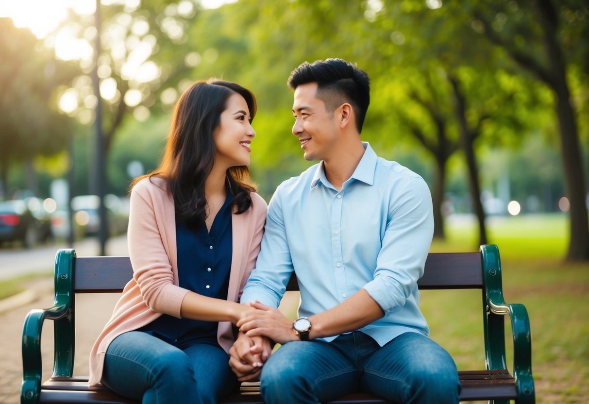 A couple sitting together on a park bench, holding hands and gazing into each other's eyes with a warm, affectionate smile