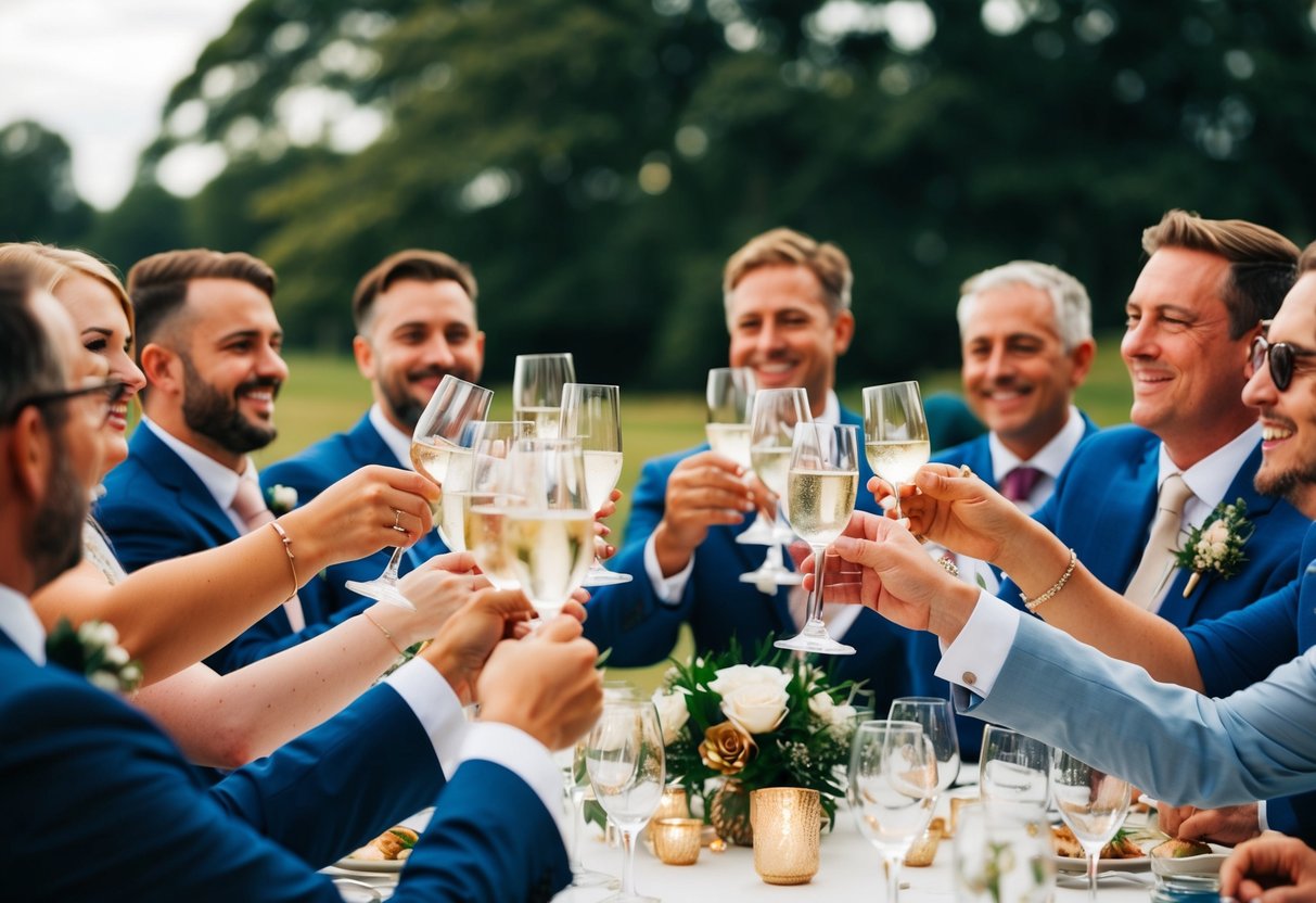A group of guests raise their glasses in a toast, smiling and laughing as they listen to the speaker at a unique wedding