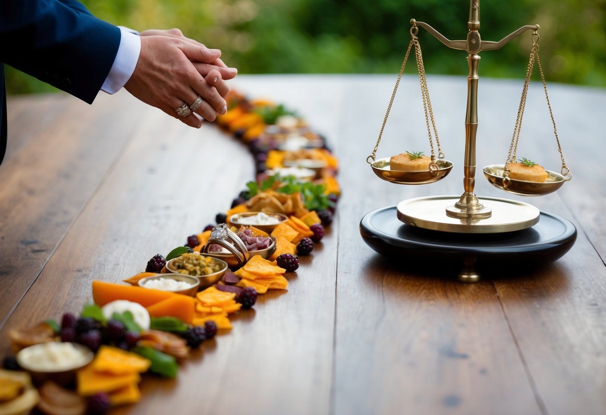 A couple's wedding rings surrounded by a trail of rich, indulgent foods leading to a scale with an increasing number