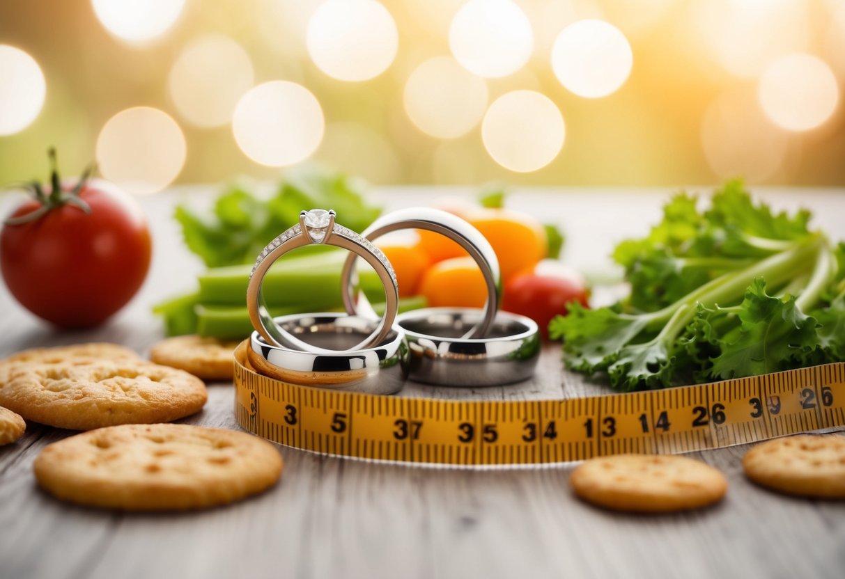A couple's wedding rings surrounded by unhealthy food and a measuring tape, symbolizing the impact of marriage on belly fat
