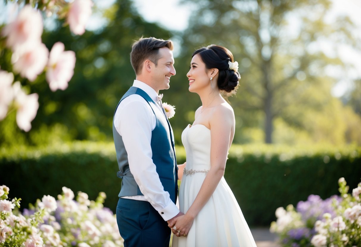 A bride and groom stand facing each other, surrounded by blooming flowers and soft sunlight. They share a tender, loving gaze, radiating joy and happiness
