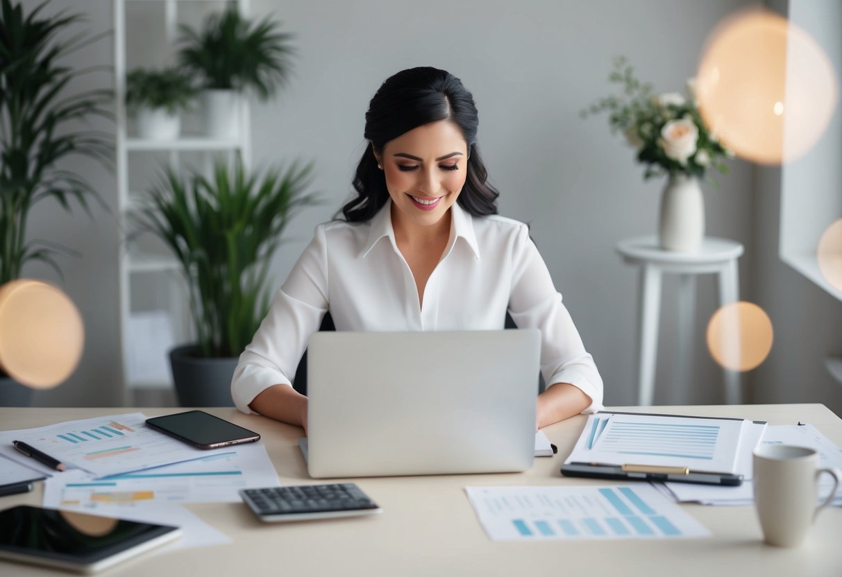 A wedding coordinator at a desk, surrounded by wedding planning materials and a laptop, calculating earnings and career path options