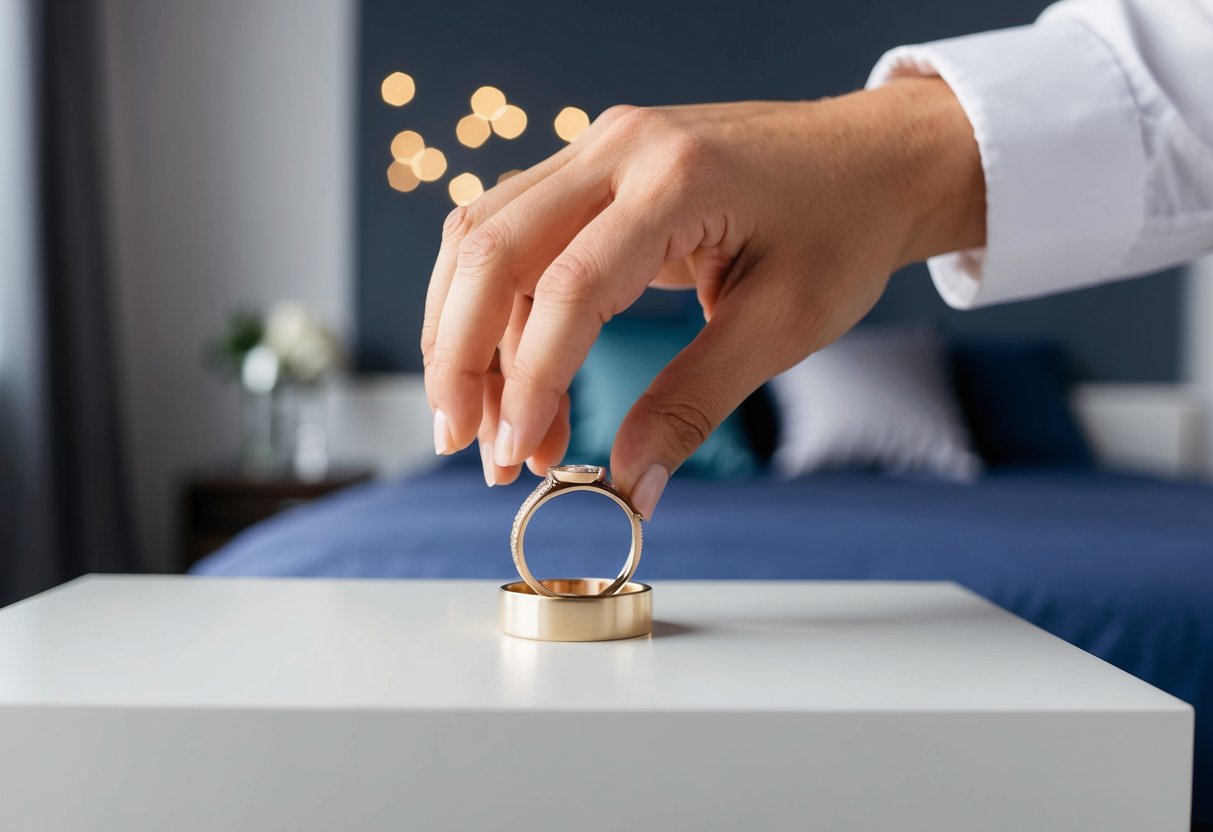 A hand reaching for a wedding band on a nightstand, with a bed in the background