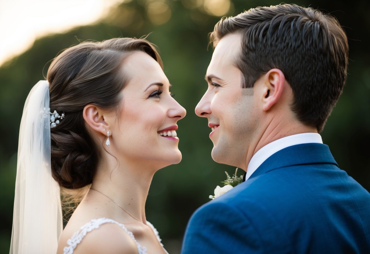 A bride and groom stand facing each other, shoulders back and heads held high. The bride's lips curve into a gentle smile, while the groom's expression is one of quiet contentment