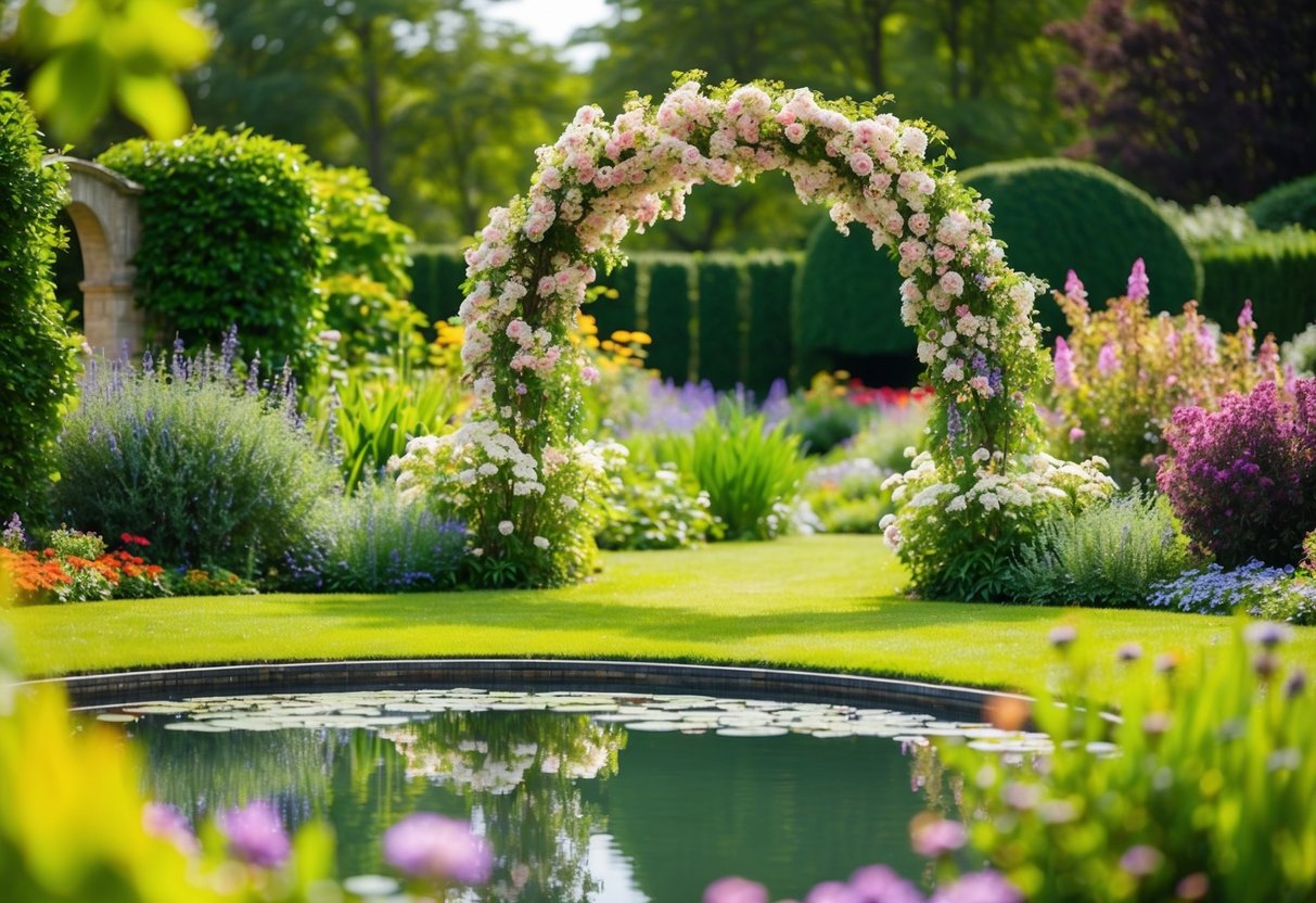A picturesque garden with a blooming flower arch and a serene pond, surrounded by lush greenery and colorful blooms