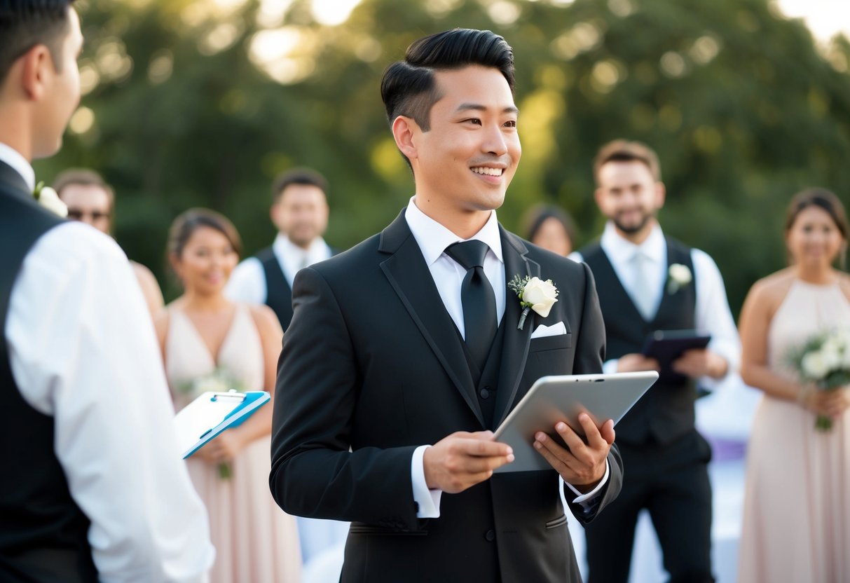 A wedding coordinator wears a sleek black suit with a crisp white shirt and a coordinating tie. They carry a tablet and a clipboard as they oversee the event
