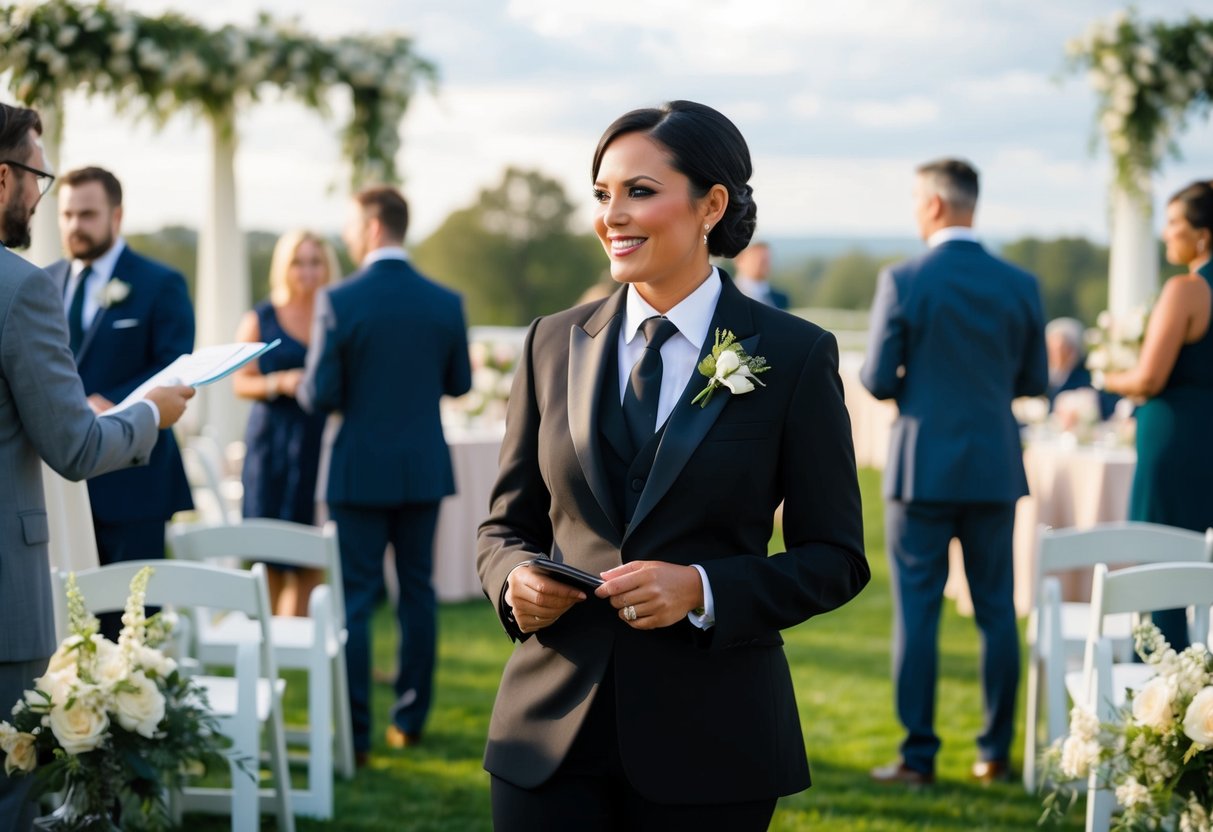 A wedding coordinator in a formal black suit, coordinating with vendors and overseeing setup at a grand outdoor wedding venue