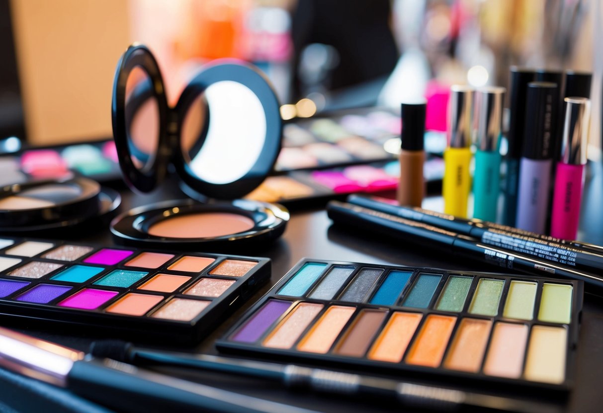 A close-up of a makeup table with an array of colorful eyeshadows, eyeliners, and mascara. A handheld mirror reflects the vibrant colors on the table