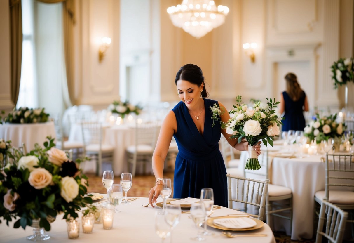 A wedding coordinator arranges flowers, adjusts table settings, and hangs up decorations in a grand ballroom