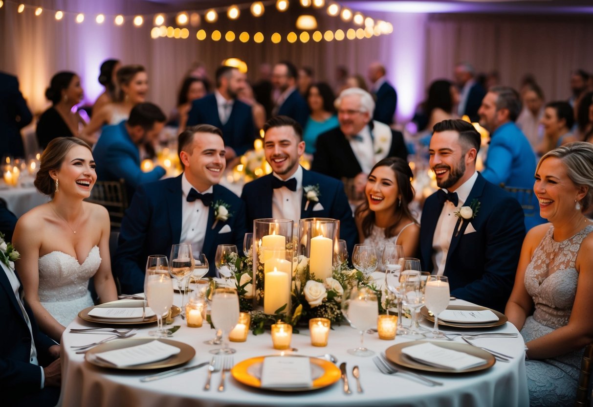 A dinner table set with elegant place settings and glowing candles, surrounded by joyful guests enjoying a lively wedding reception