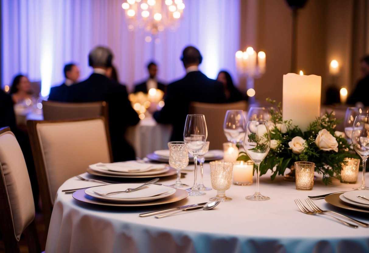 A beautifully set dining table with elegant place settings, soft candlelight, and a background of live music