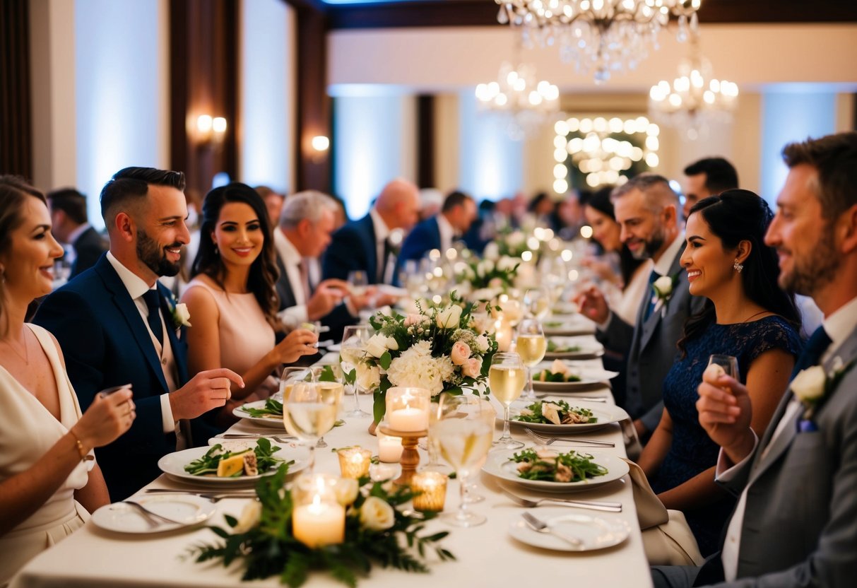 A table set for a wedding dinner with soft lighting and elegant decor, surrounded by guests enjoying their meals and conversation