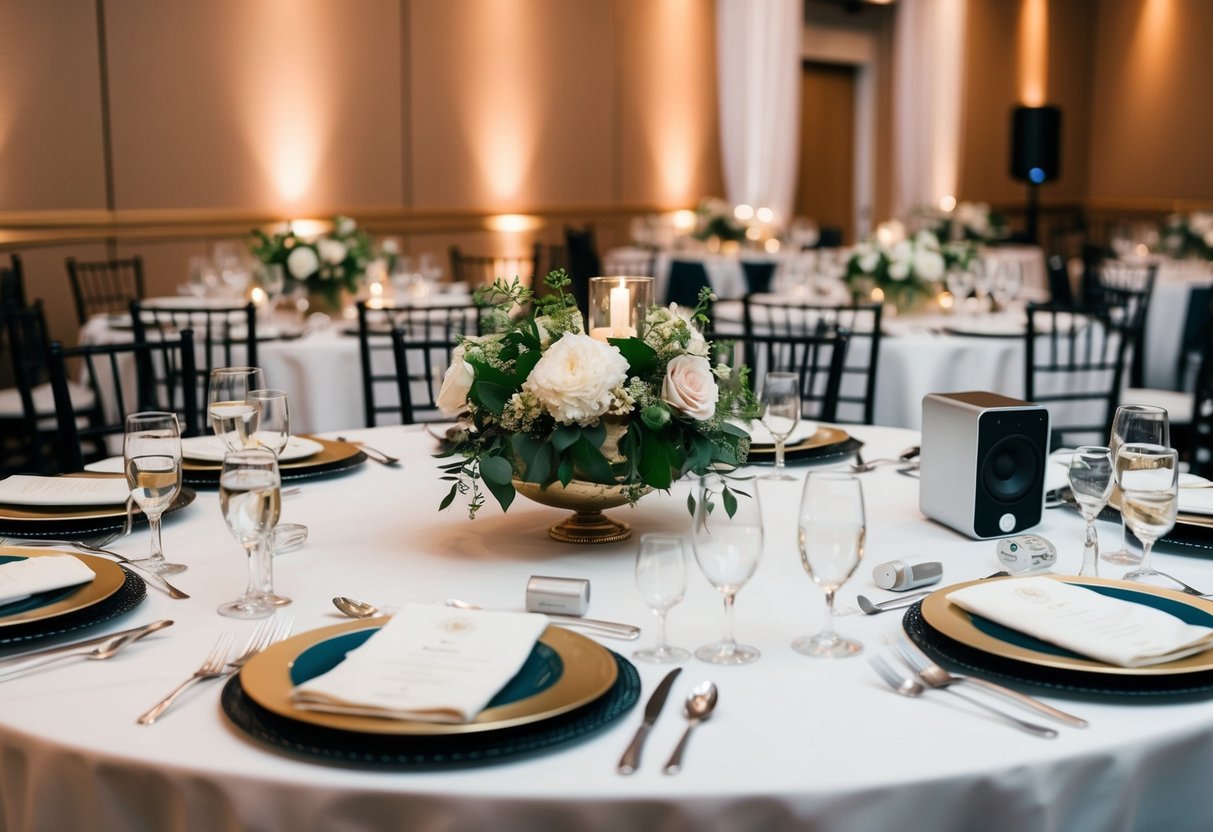 A dining table set for a wedding reception, with elegant place settings and floral centerpieces. An iPod and speakers are discreetly placed nearby