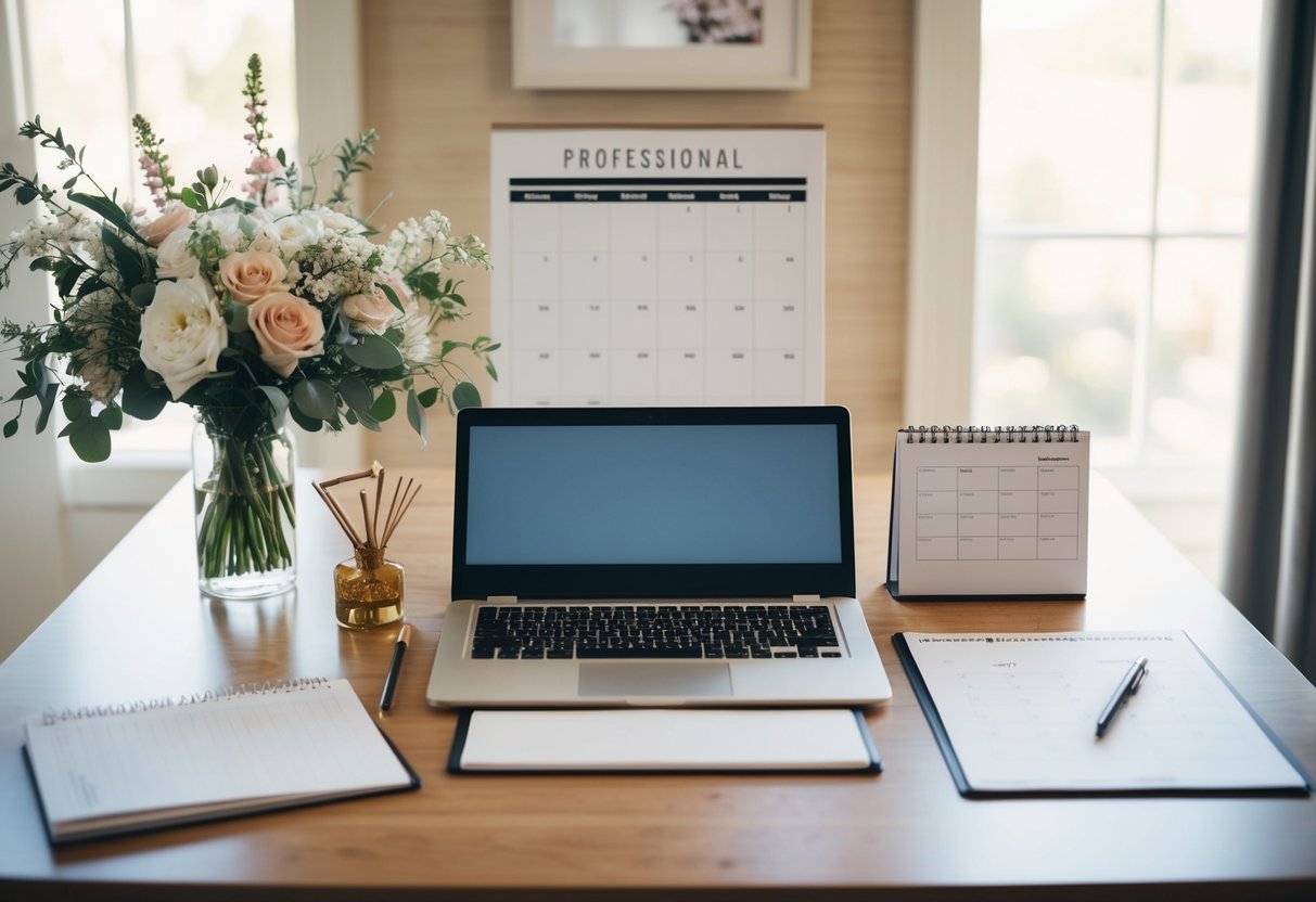 A wedding planner's desk with a laptop, calendar, and floral arrangements