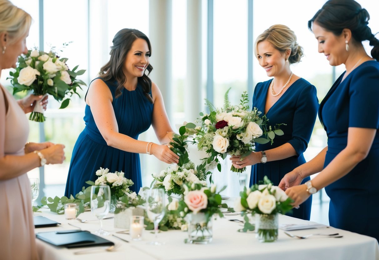 A wedding planner organizing a venue layout, arranging flowers, and coordinating with vendors