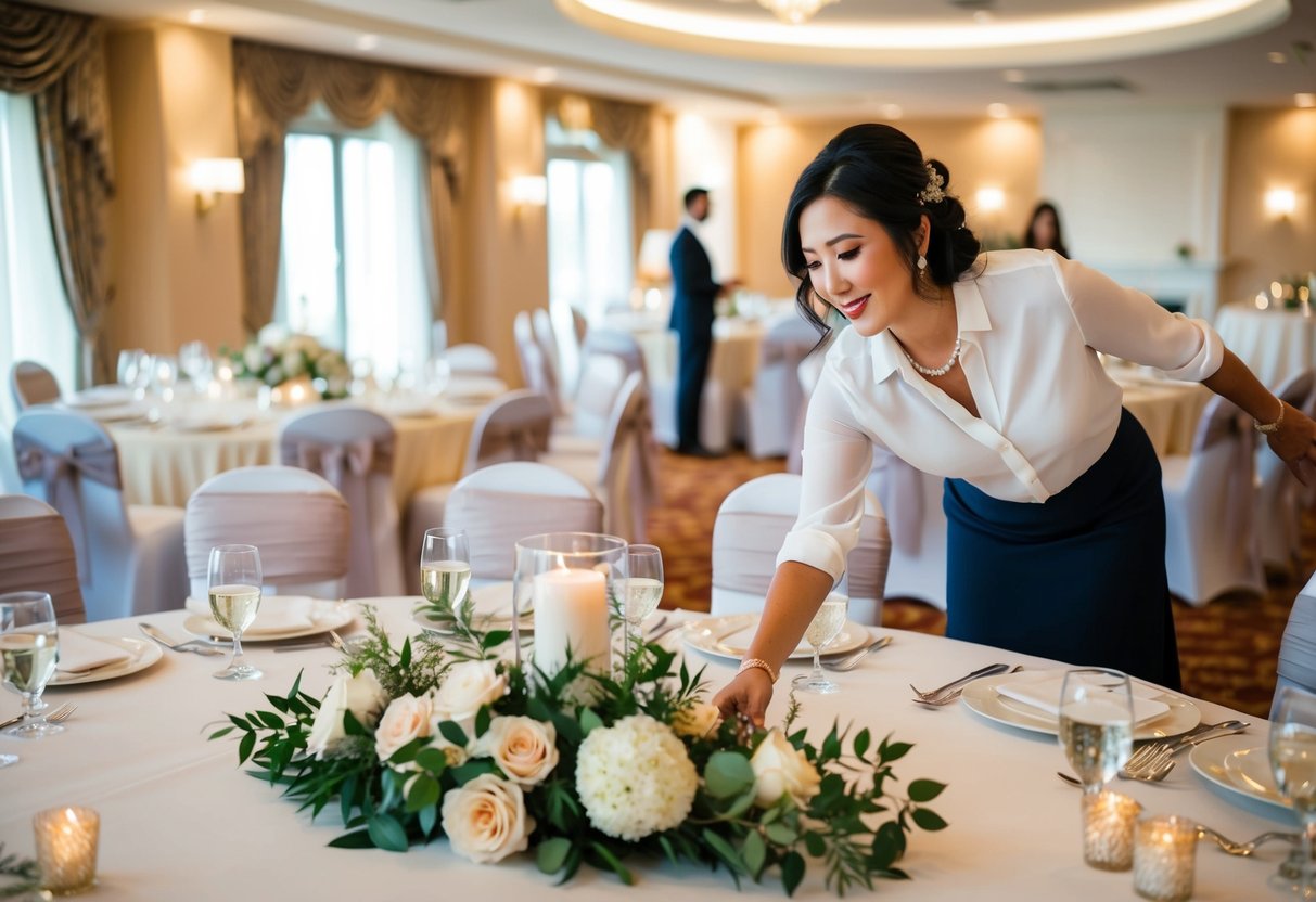 A wedding planner organizing a venue layout with seating arrangements and decorations