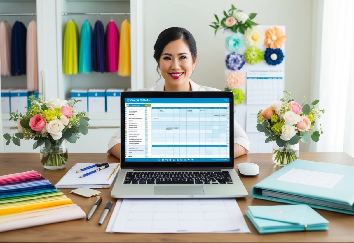 A wedding planner sits at a desk, surrounded by colorful fabric swatches, flower arrangements, and a calendar full of appointments. A laptop is open, displaying a detailed wedding itinerary