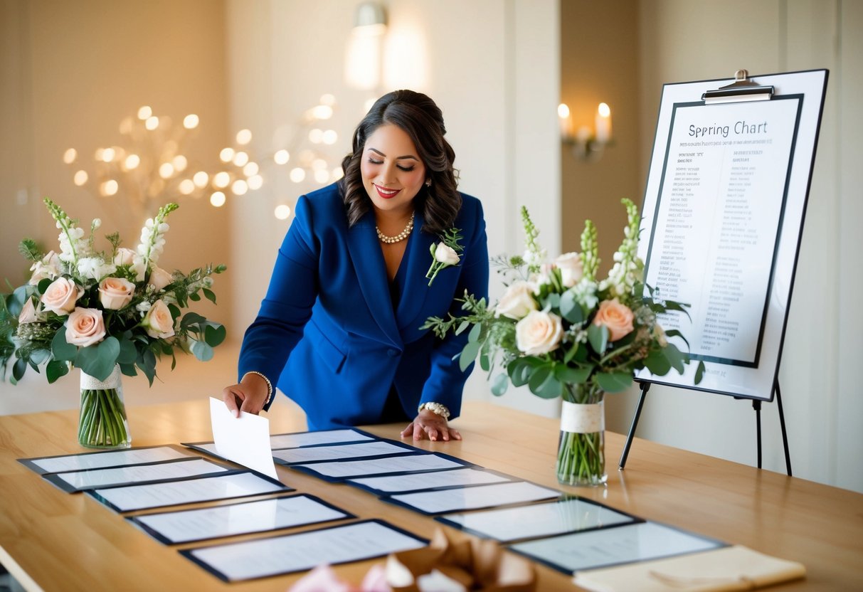 A wedding planner organizing seating charts and floral arrangements