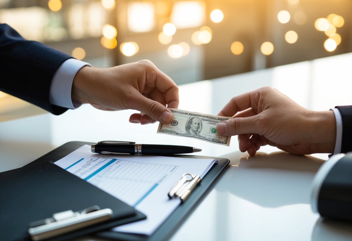 A hand placing cash in an envelope next to a clipboard and pen on a table