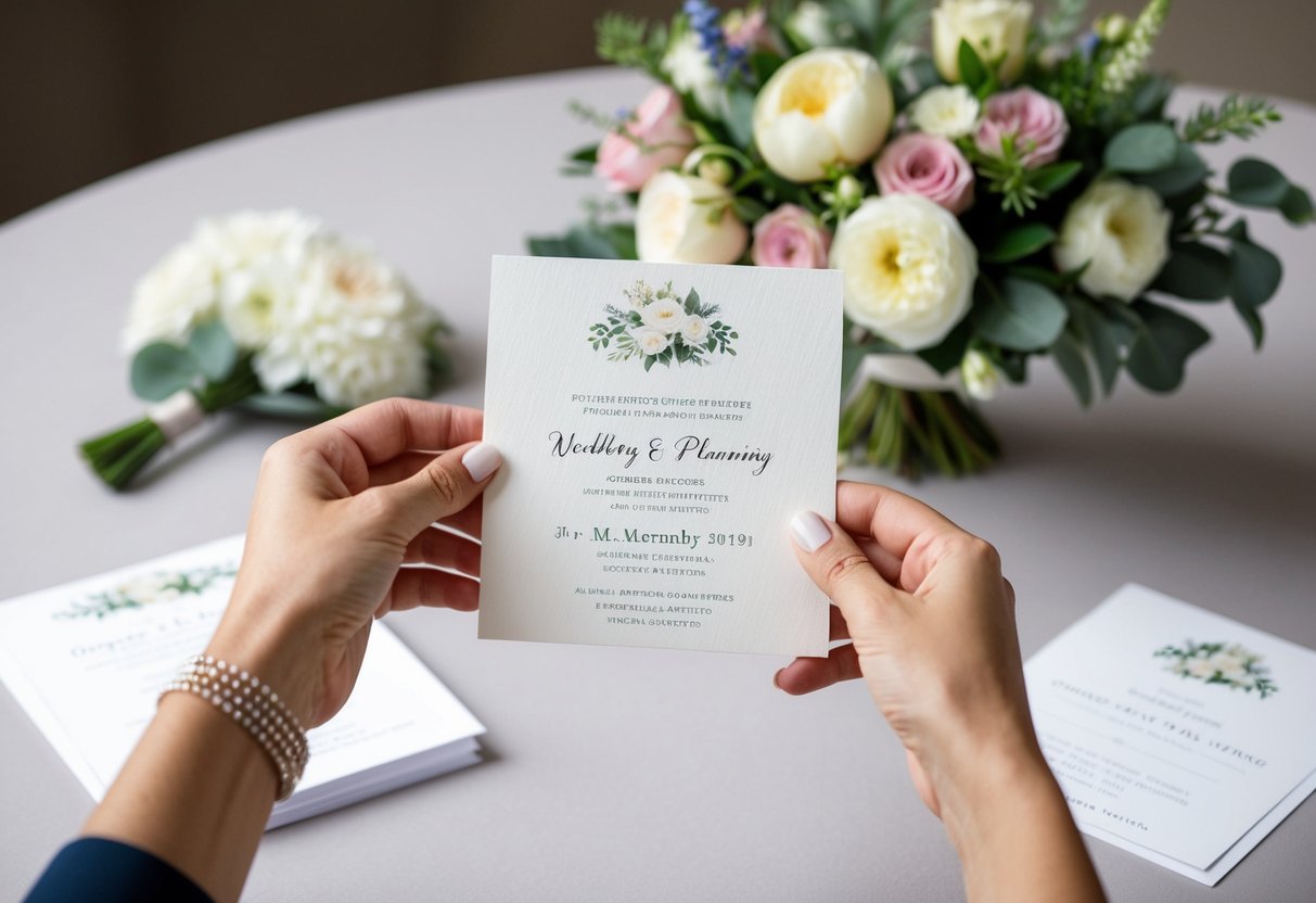 A hand holding a wedding invitation, with a floral arrangement and wedding planning materials in the background