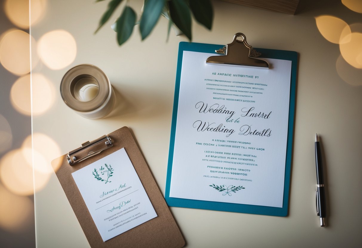 A wedding invitation and a clipboard with wedding details arranged neatly on a desk