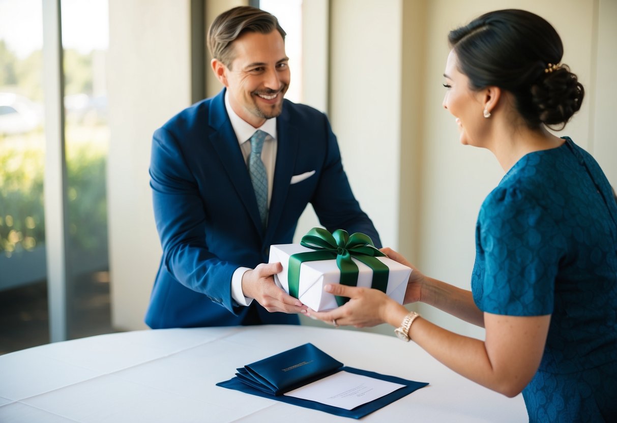 A smiling client handing a wrapped gift to a day of coordinator, with a gratuity envelope on a table nearby
