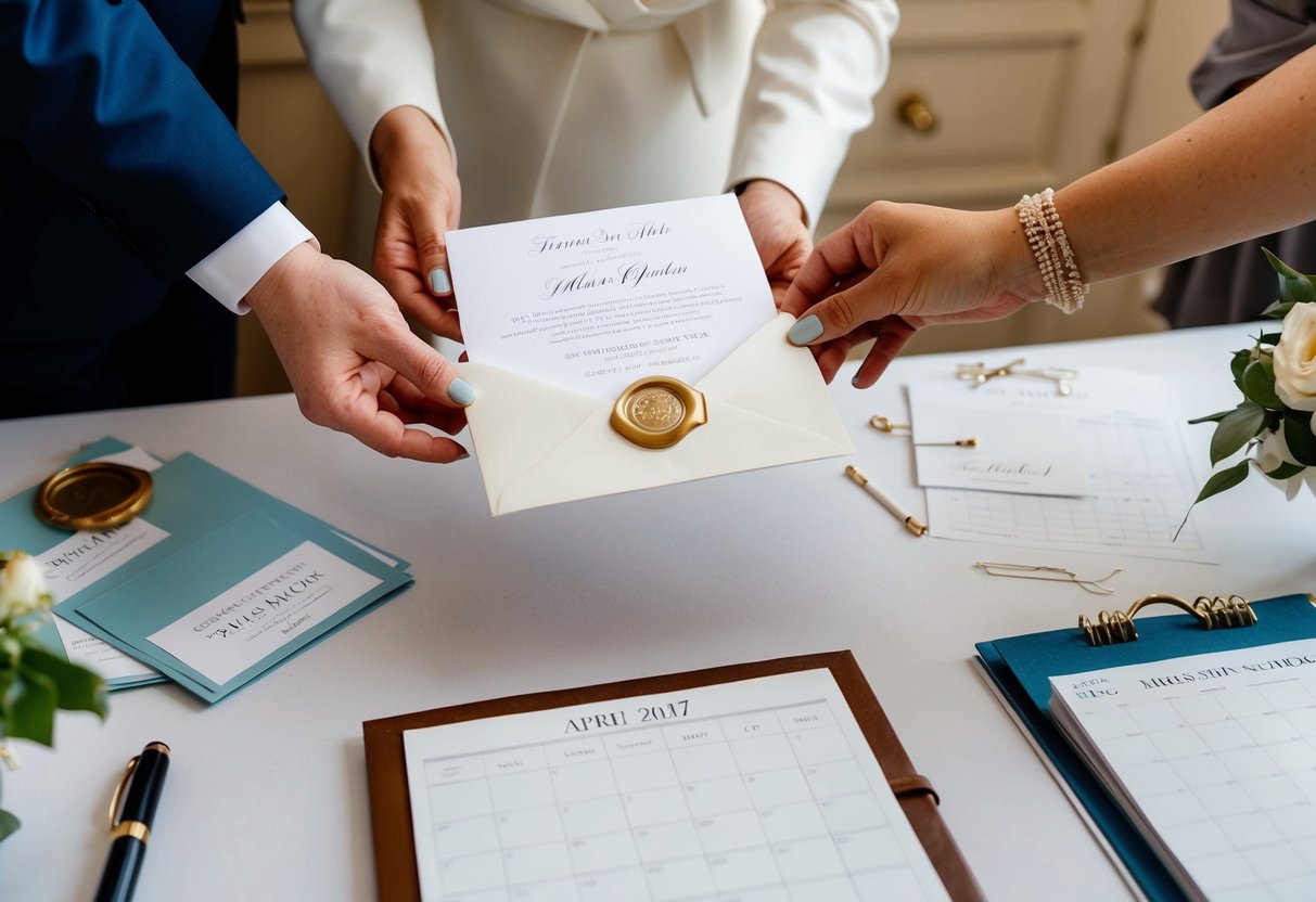 A wedding coordinator receiving a wedding invitation in an elegant envelope with a wax seal, surrounded by a table filled with wedding planning materials and a calendar