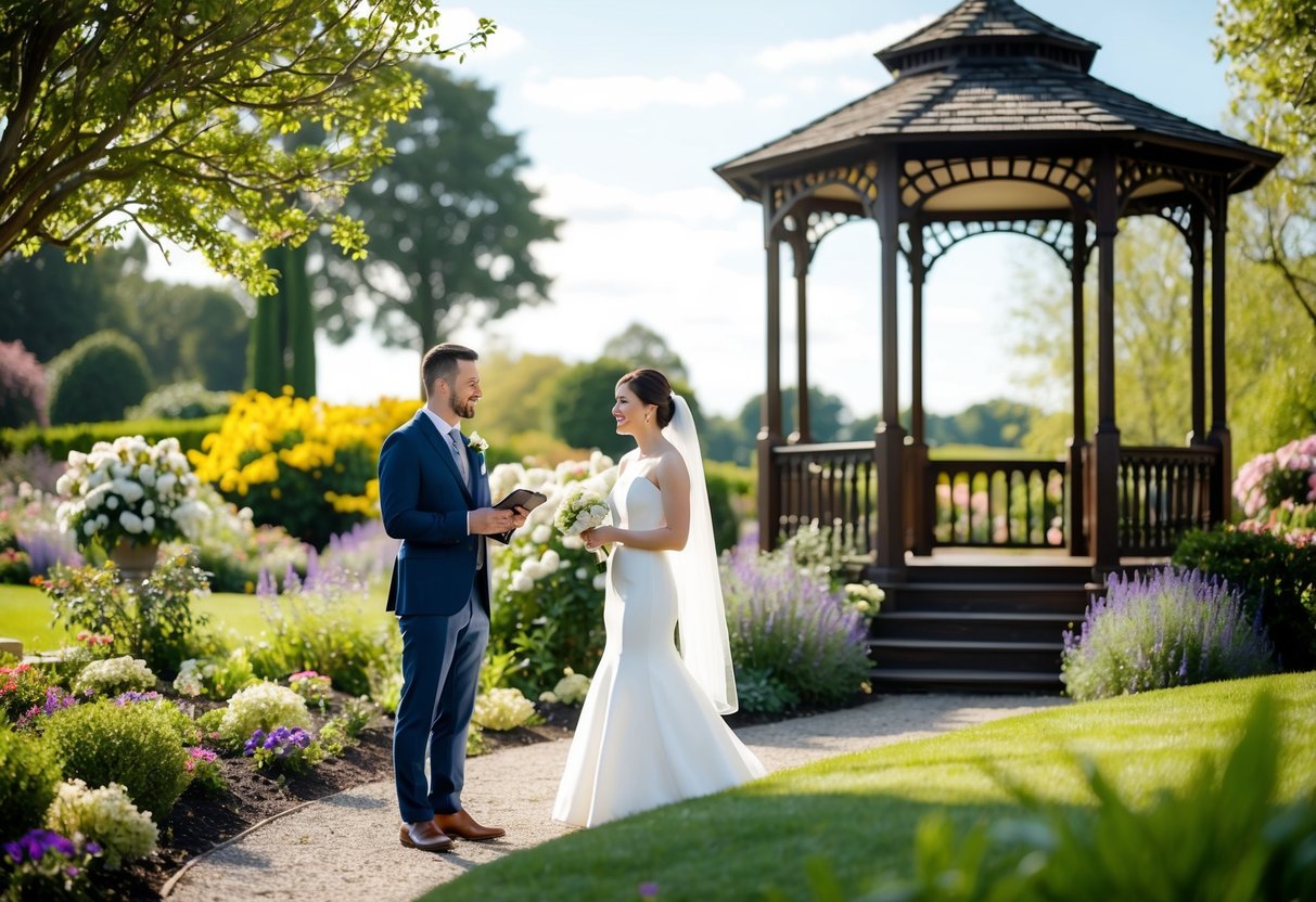 A couple stands in a picturesque garden, surrounded by blooming flowers and a charming gazebo. They inquire about a wedding reception license at the venue's office
