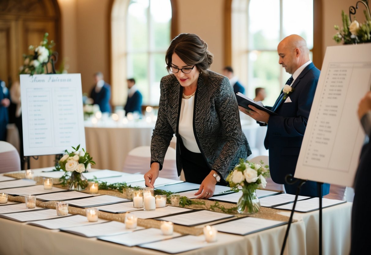 A wedding coordinator organizes seating charts, decor, and schedules