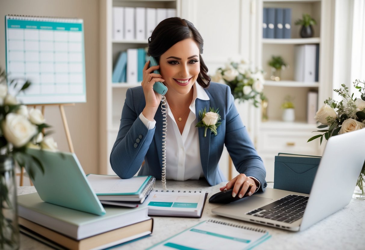 A wedding coordinator in the UK, surrounded by wedding planning books, a calendar, and a laptop, making phone calls and sending emails to vendors and clients