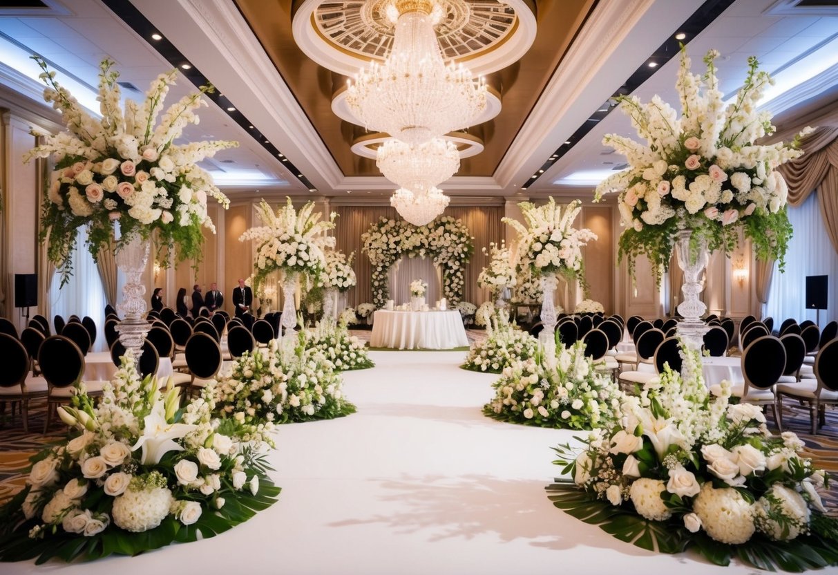 A lavish wedding with extravagant decorations, a grand venue, and expensive floral arrangements