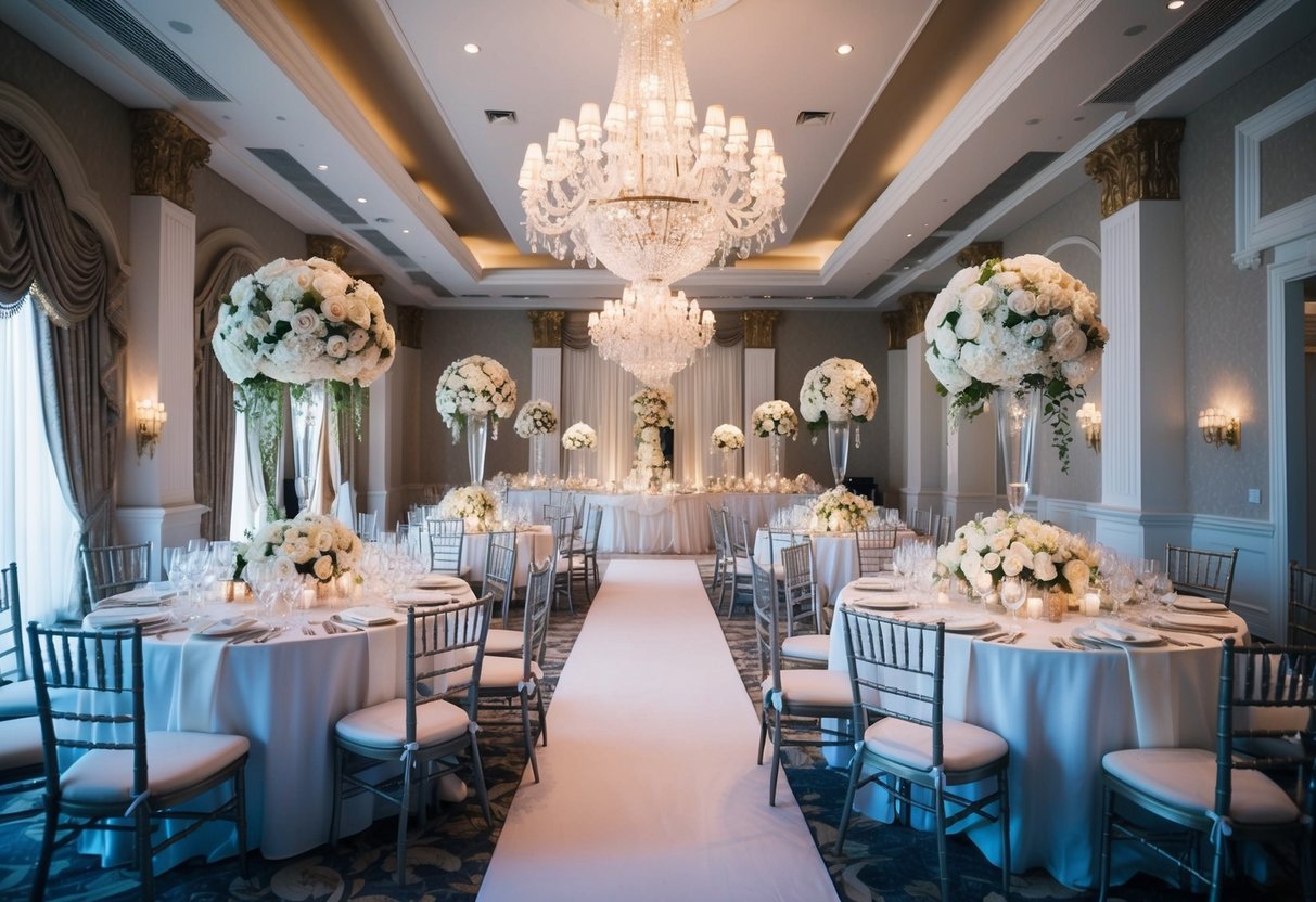 A lavish wedding with extravagant decorations and a grand venue, overshadowed by a sense of financial strain and pressure