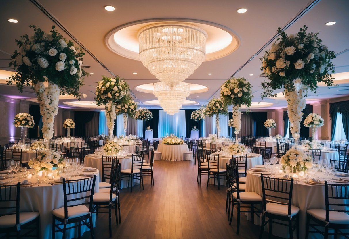 A cluttered wedding venue with extravagant decorations and high-end catering, causing stress and financial strain