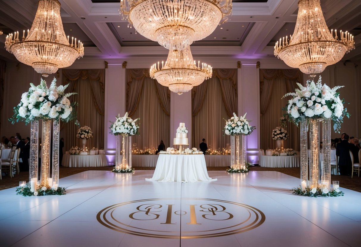 A grand chandelier-lit ballroom with white and gold decor, elegant floral arrangements, and a sleek monogrammed dance floor