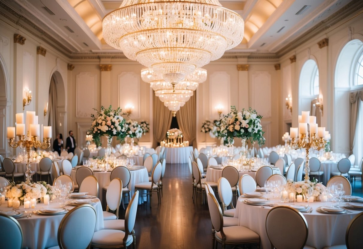 A grand chandelier-lit ballroom with elegant white and gold decor, adorned with lush floral arrangements and soft candlelight
